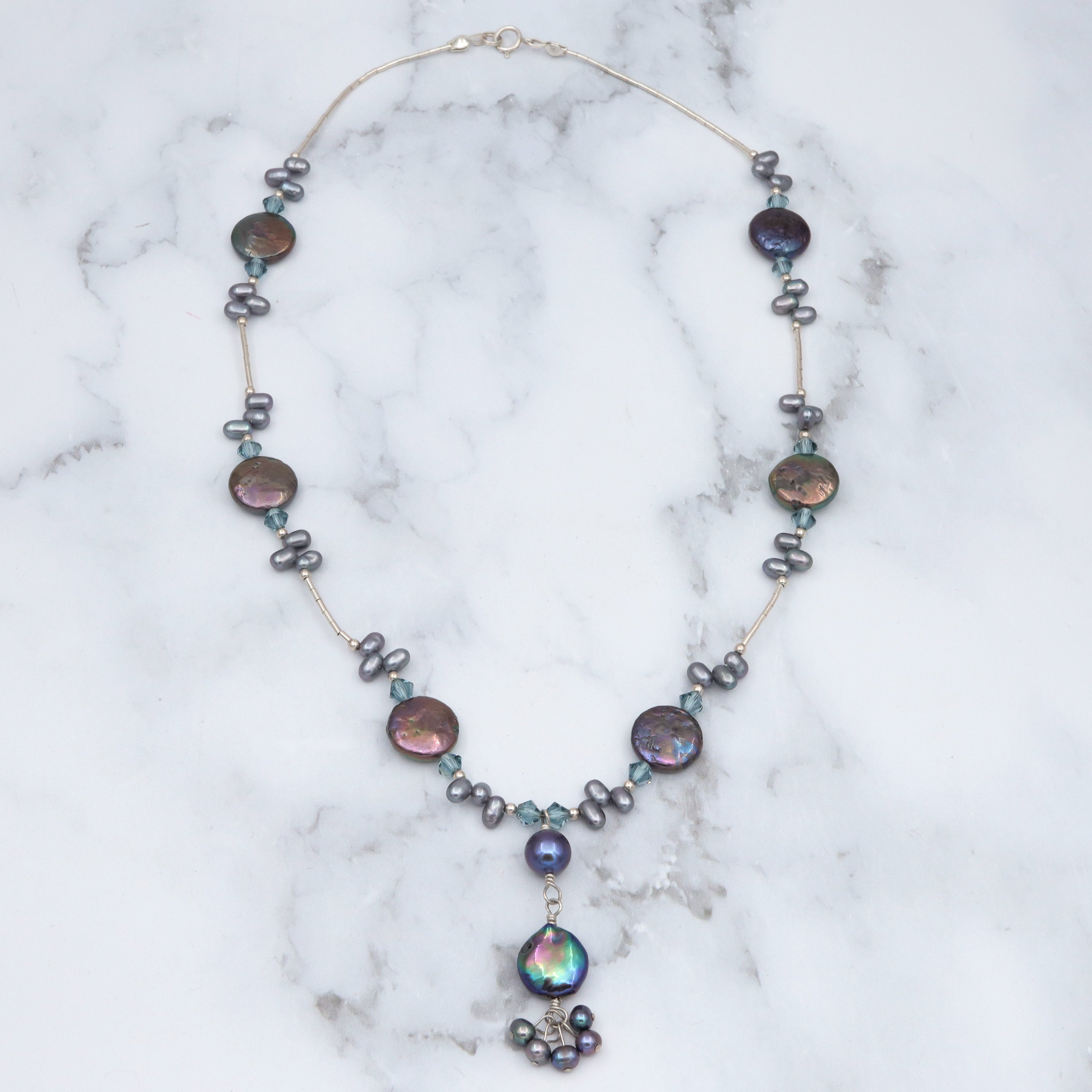 Vintage sterling blue, grey Tahitian pearl & faceted blue glass beaded drop necklace, 17"